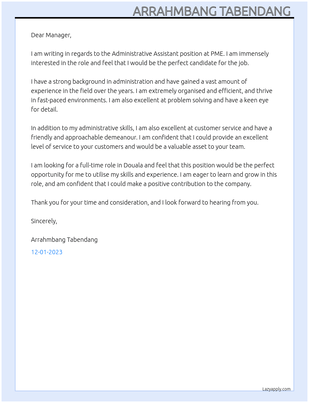 Administrative assistant  At PME Cover Letter