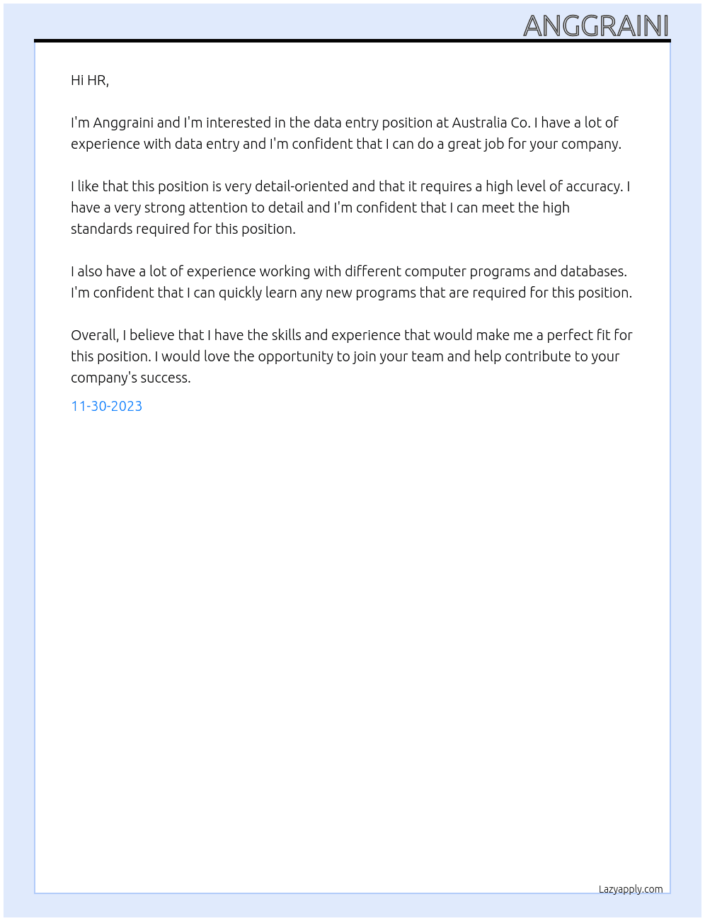 Data Entry At Australia Co Cover Letter