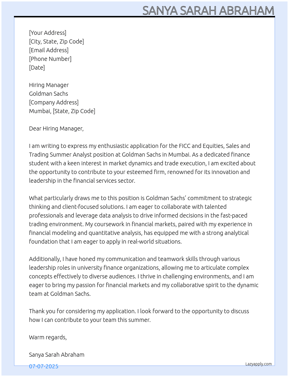 Cover letter for ficc and equities, sales and trading | summer analyst - LazyApply