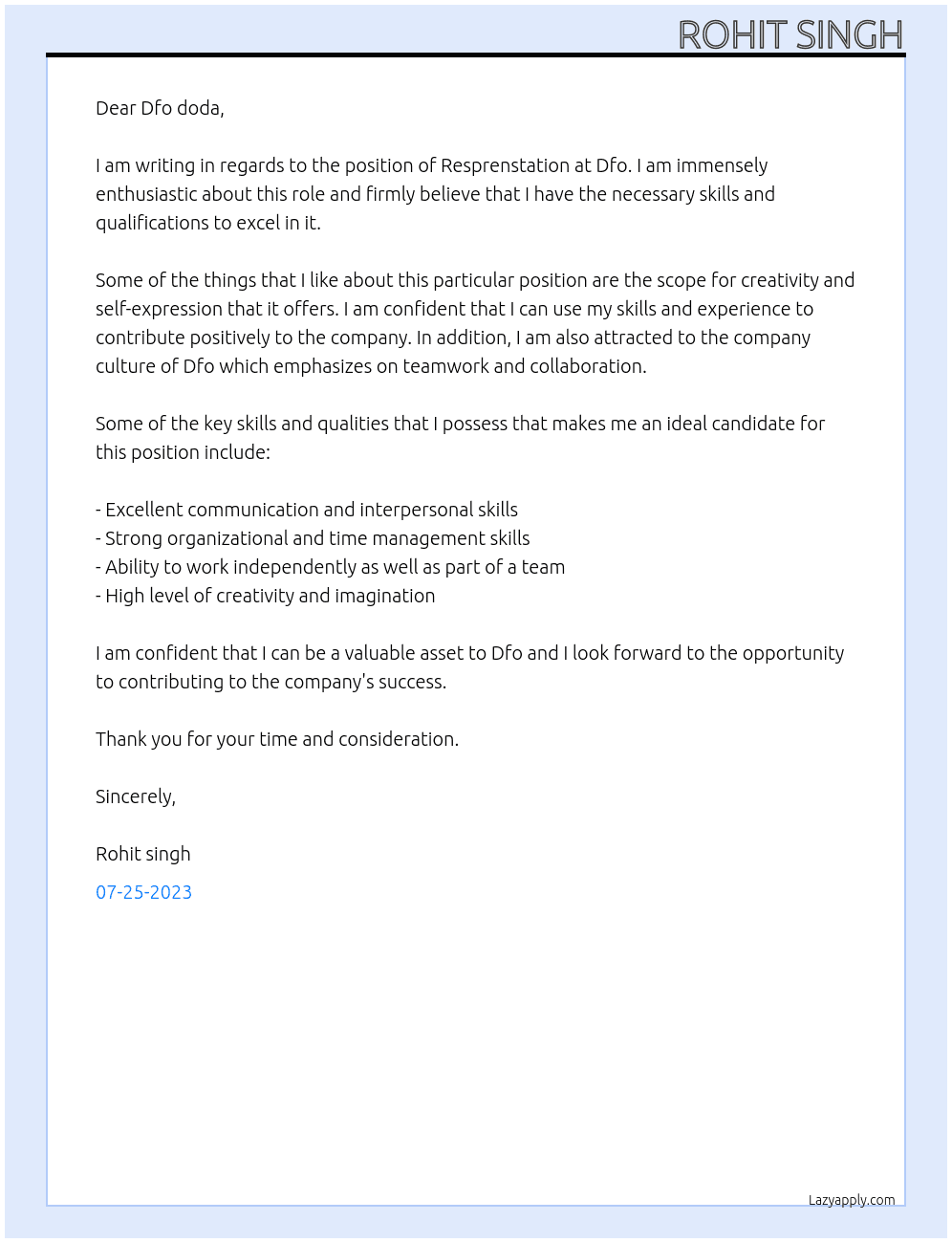 Resprenstation At Dfo  Cover Letter