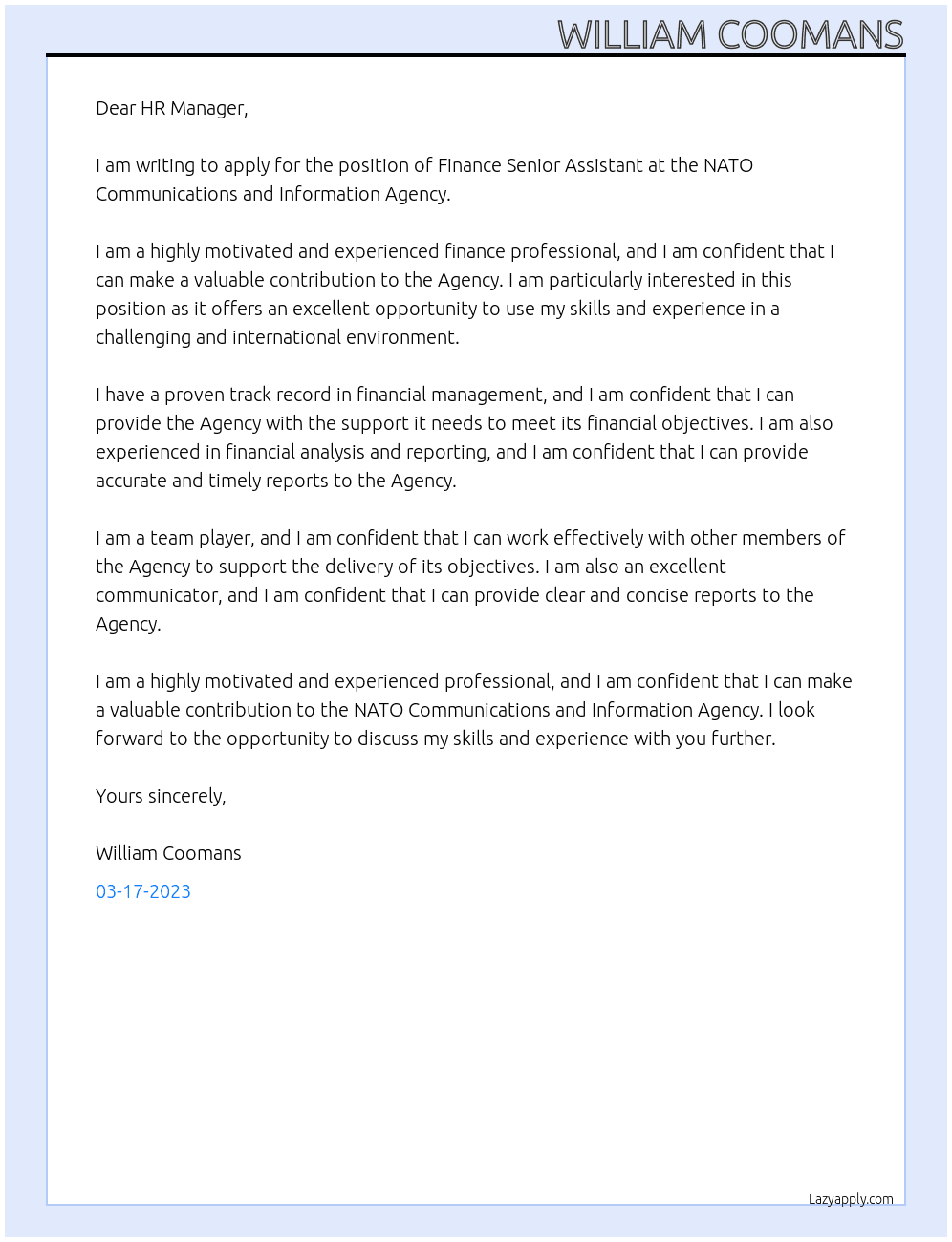 Finance Senior Assistant At NATO Communications and Information Agency Cover Letter