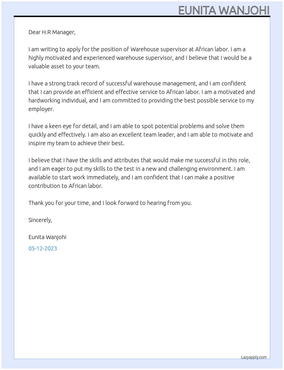 Warehouse supervisor At African labor Cover Letter