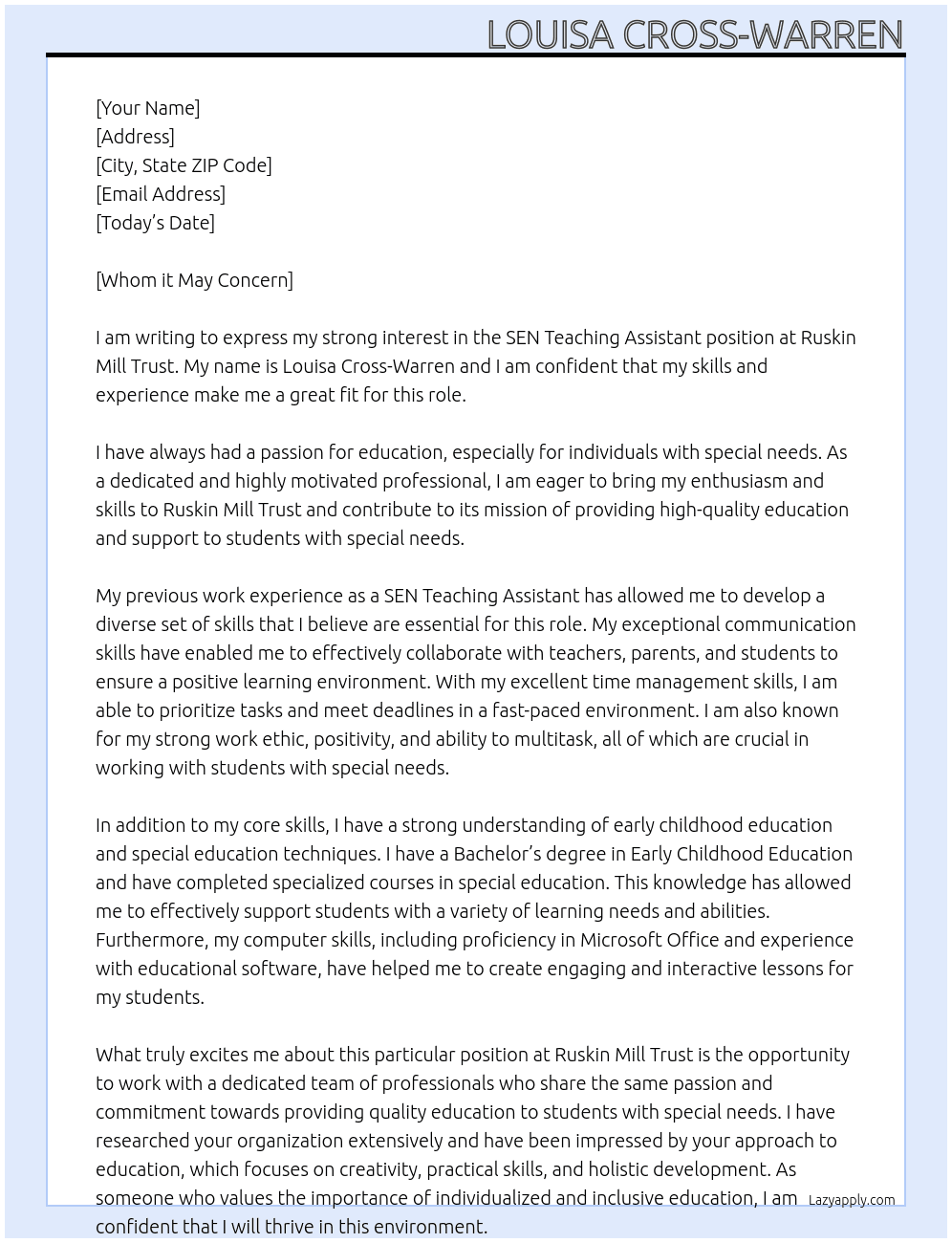 SEN Teaching Assistent At Ruskin Mill Trust Cover Letter