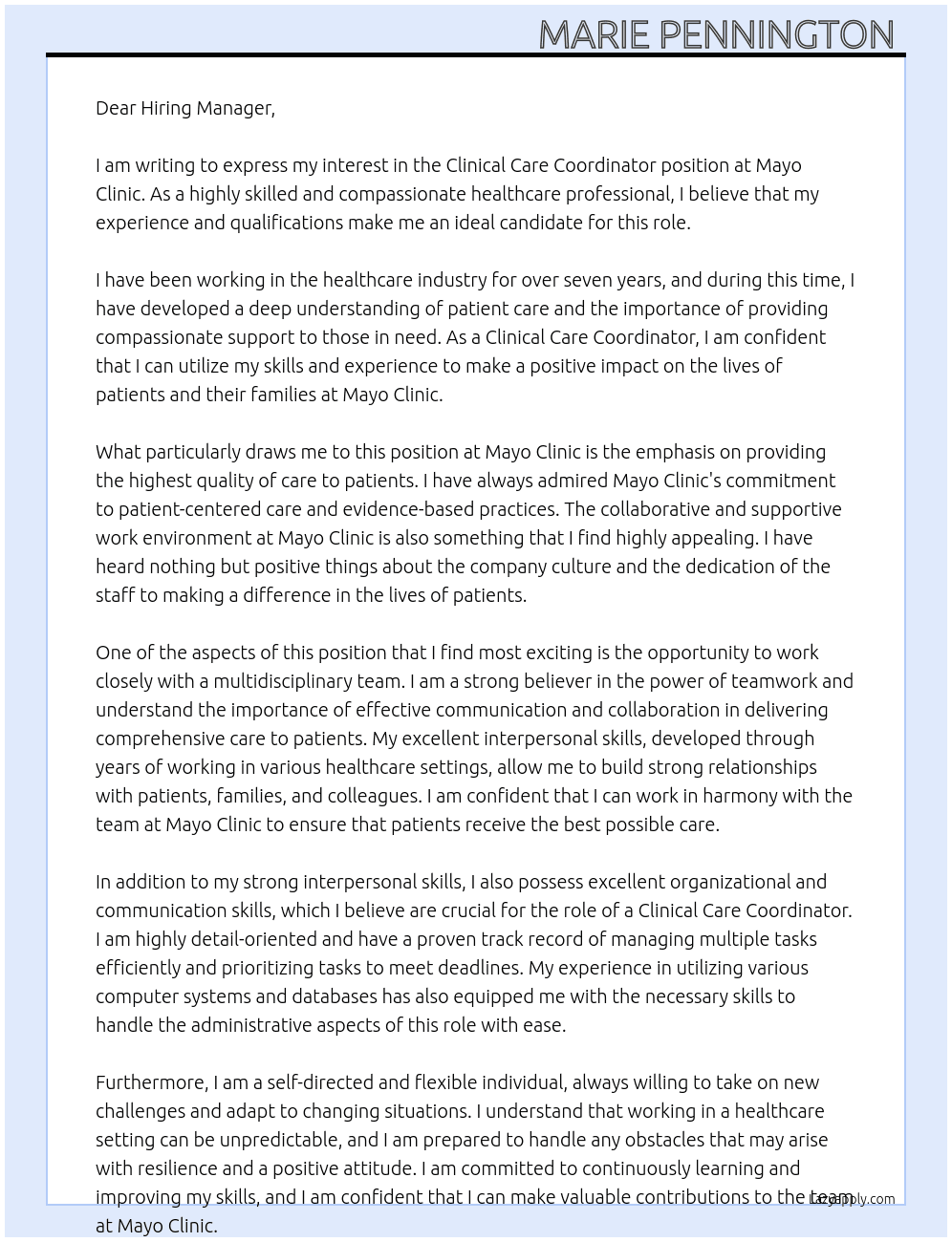 Clinical Care Coordinator  At Mayo Clinic Cover Letter