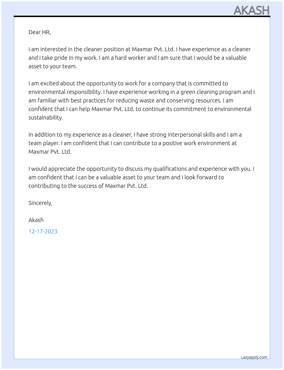 Cleaner At Maxmar Pvt. Ltd. Cover Letter