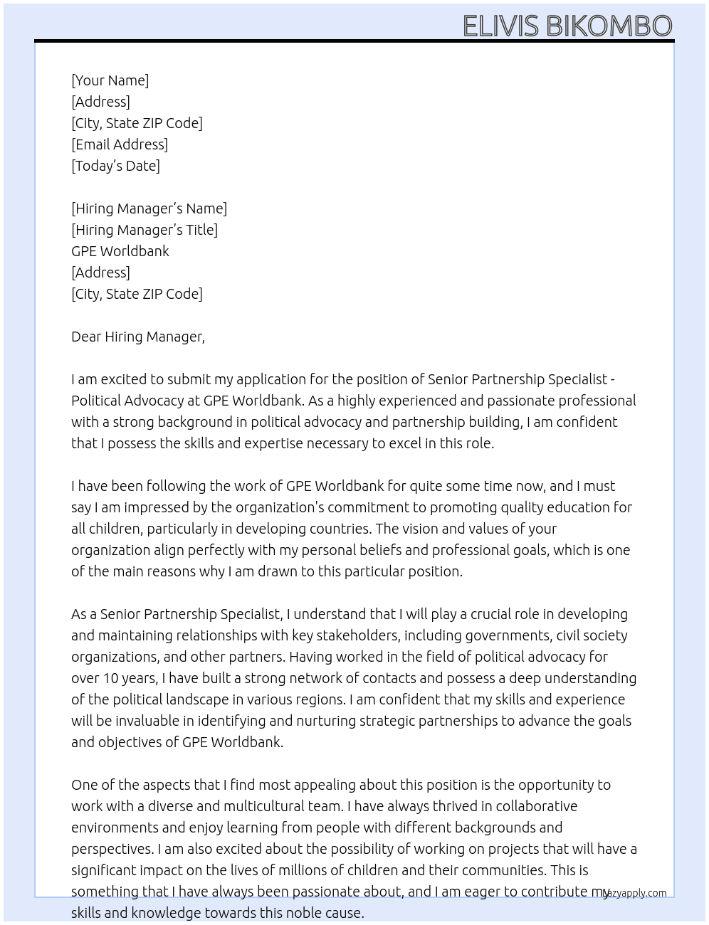 Senior Partnership Specialist - Political Advocacy At GPE Worldbank Cover Letter