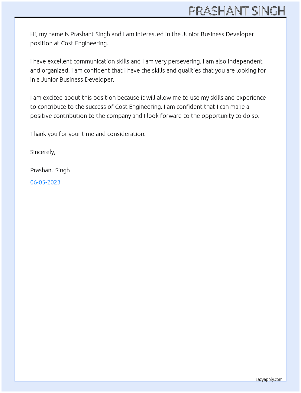 Junior Business Developer  At Cost Engineering  Cover Letter