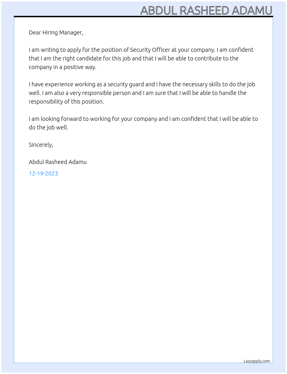 SECURITY OFFICER At DEAR HIRRING MANAGER Cover Letter