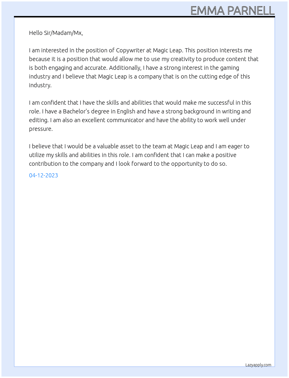 Copywriter At Magic Leap Cover Letter
