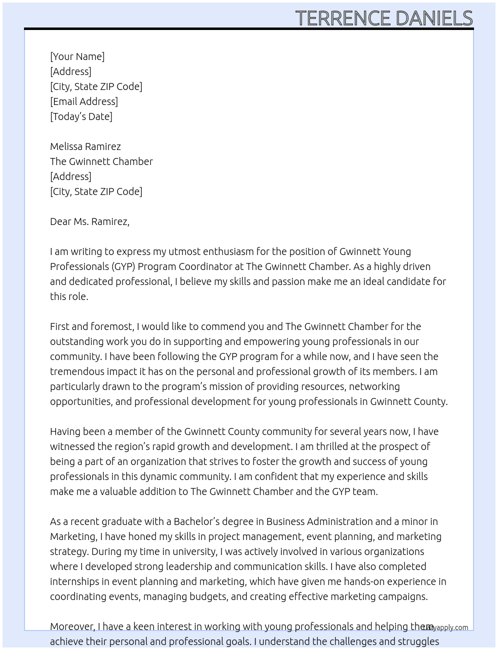 Gwinnett Young Professionals (GYP) Program Coordinator  At The Gwinnett Chamber Cover Letter