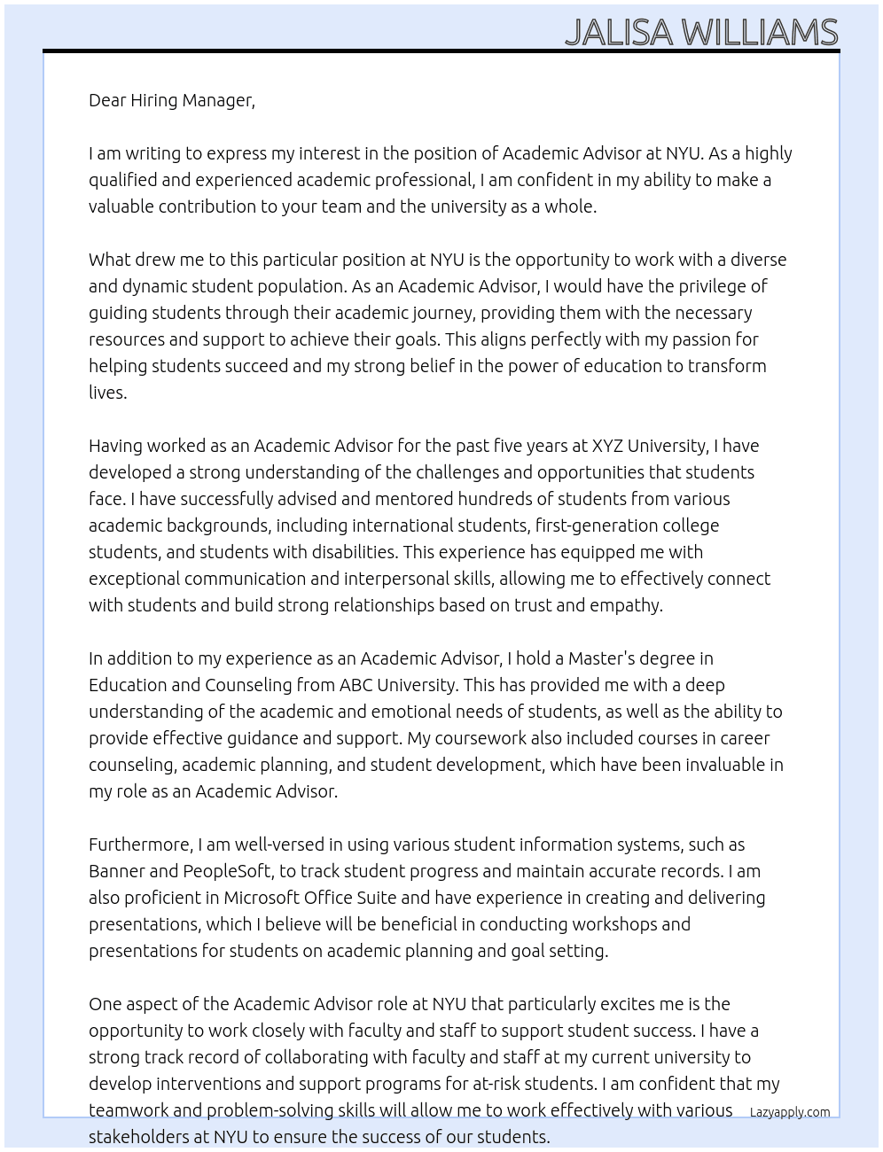 Academic Advisor At NYU Cover Letter