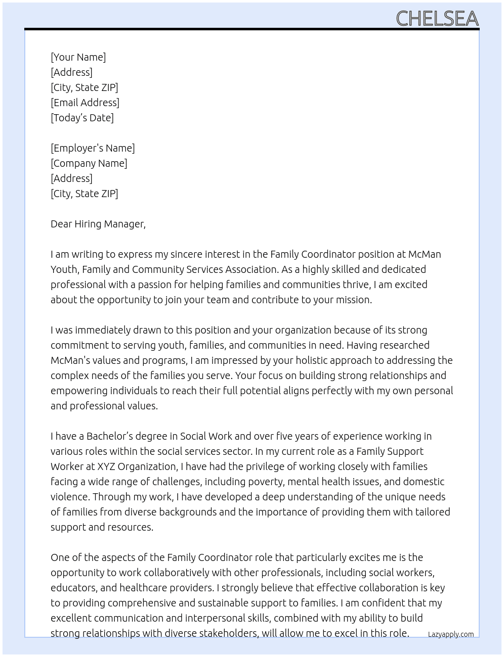 Cover letter for family coordinator - LazyApply