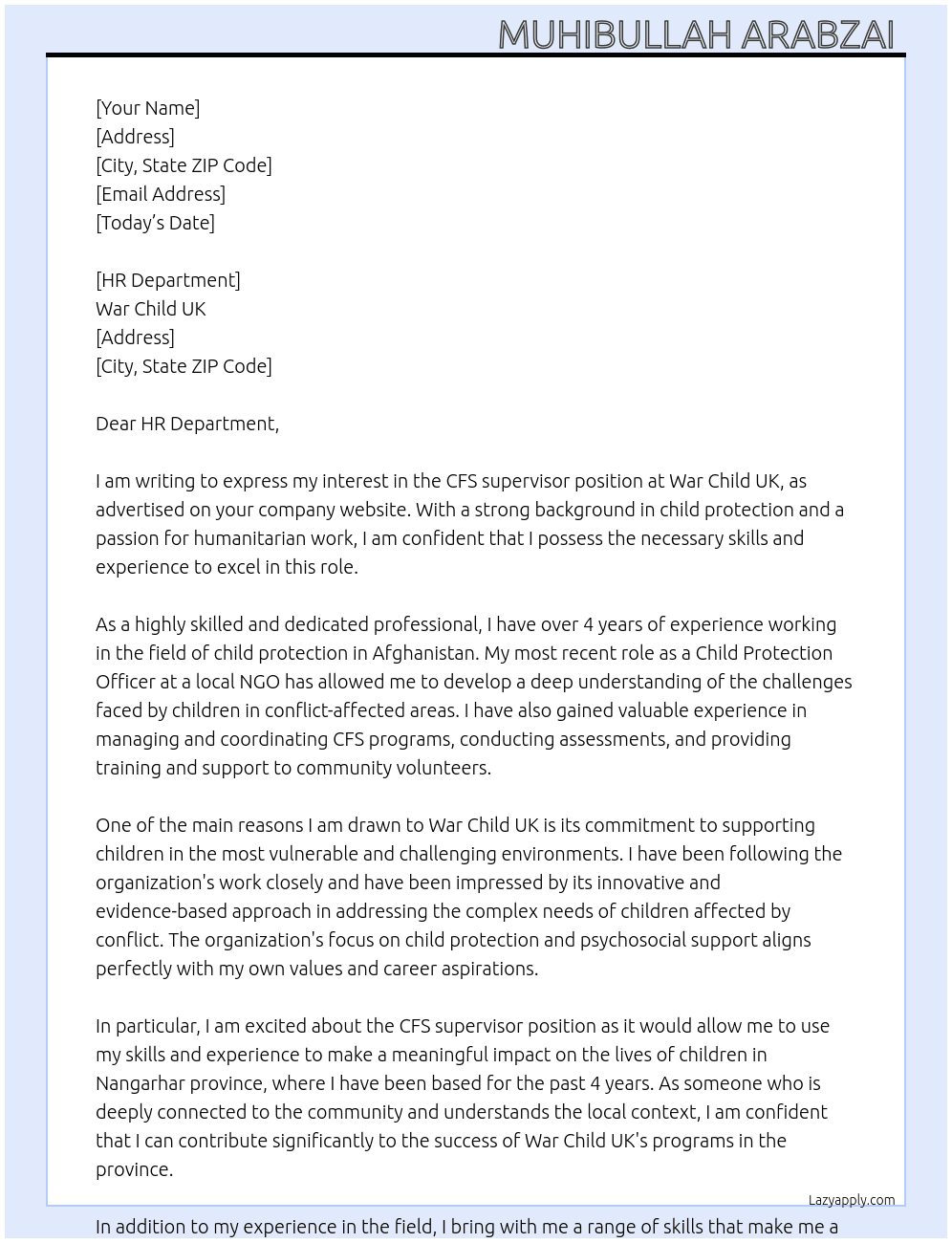 CFS supervisor  At War Child UK Cover Letter