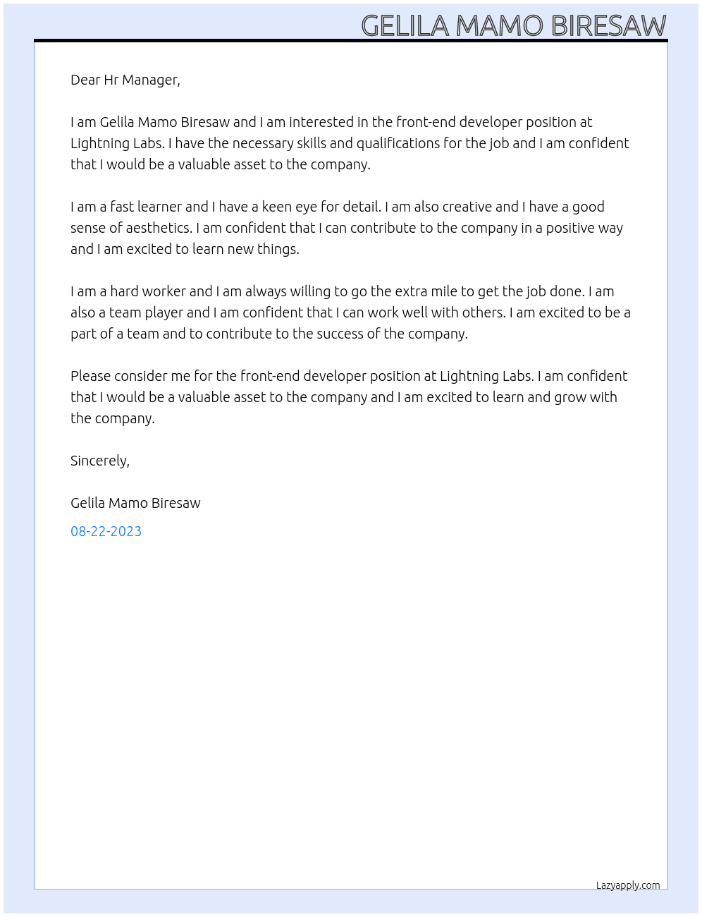 Front-end Developer At Lightning Labs Cover Letter