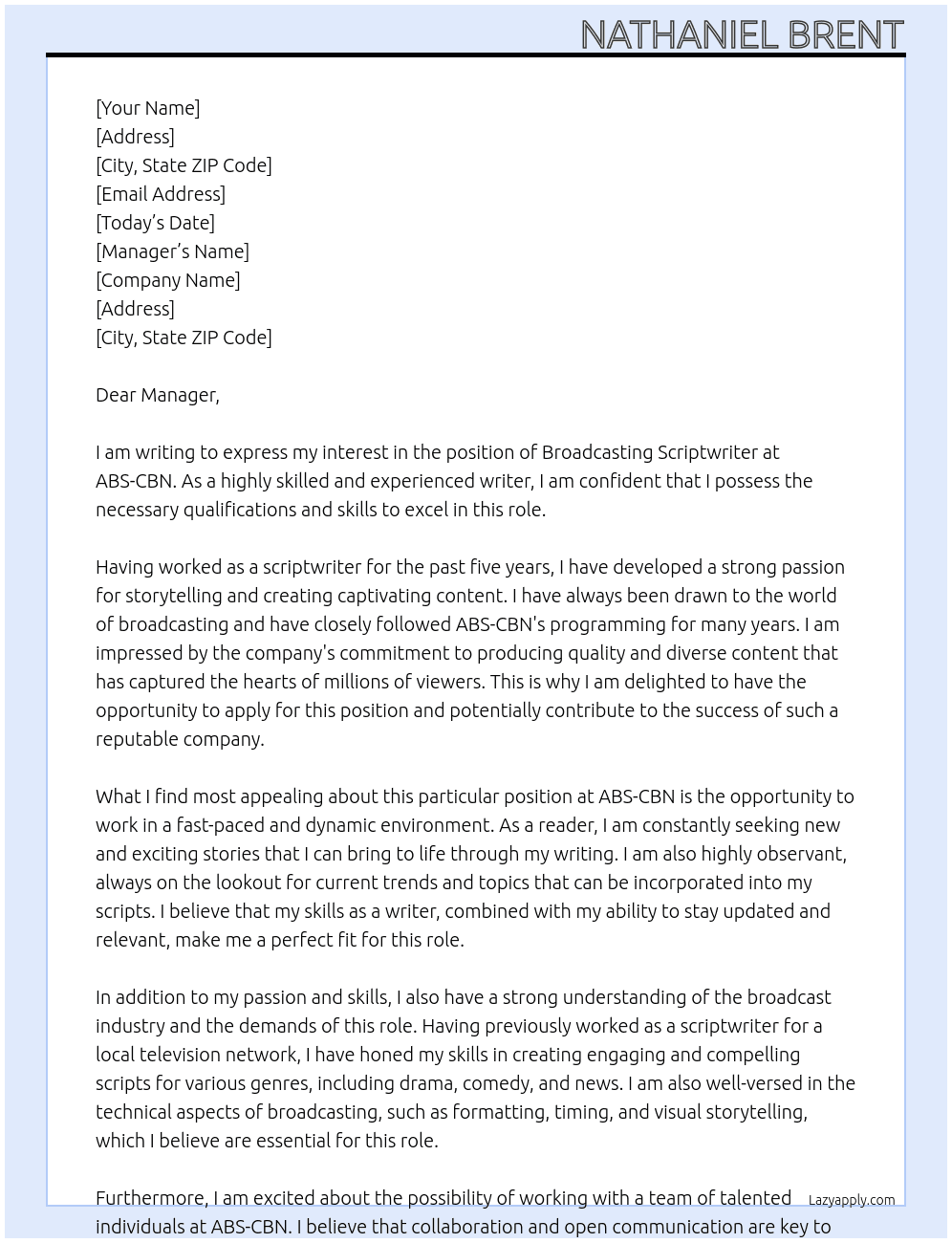 Broadcasting scriptwriter  At ABS-CBN Cover Letter