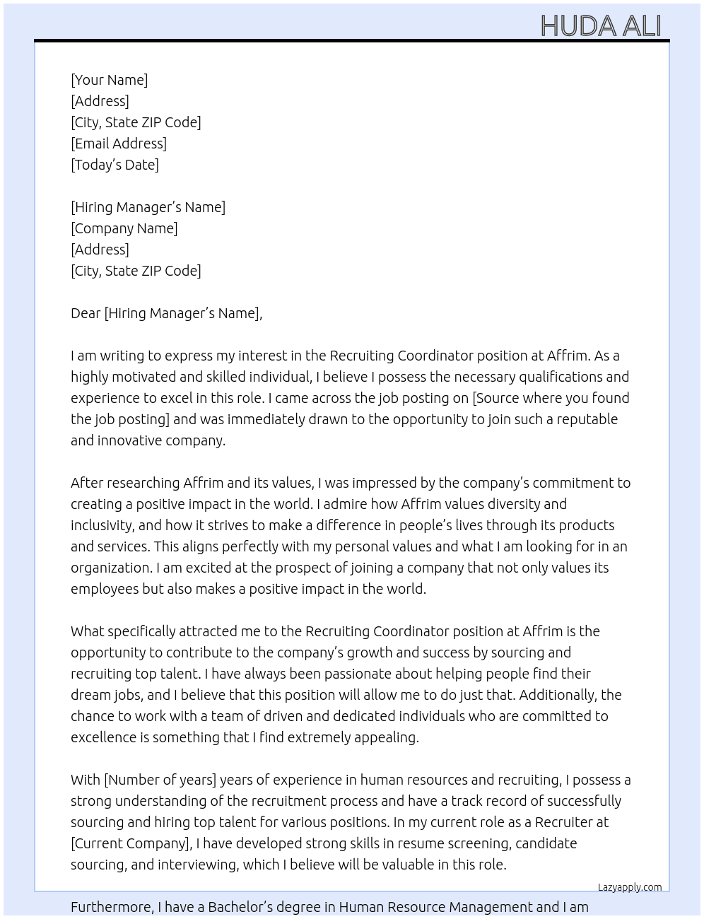Recruiting Coordinator At Affrim  Cover Letter