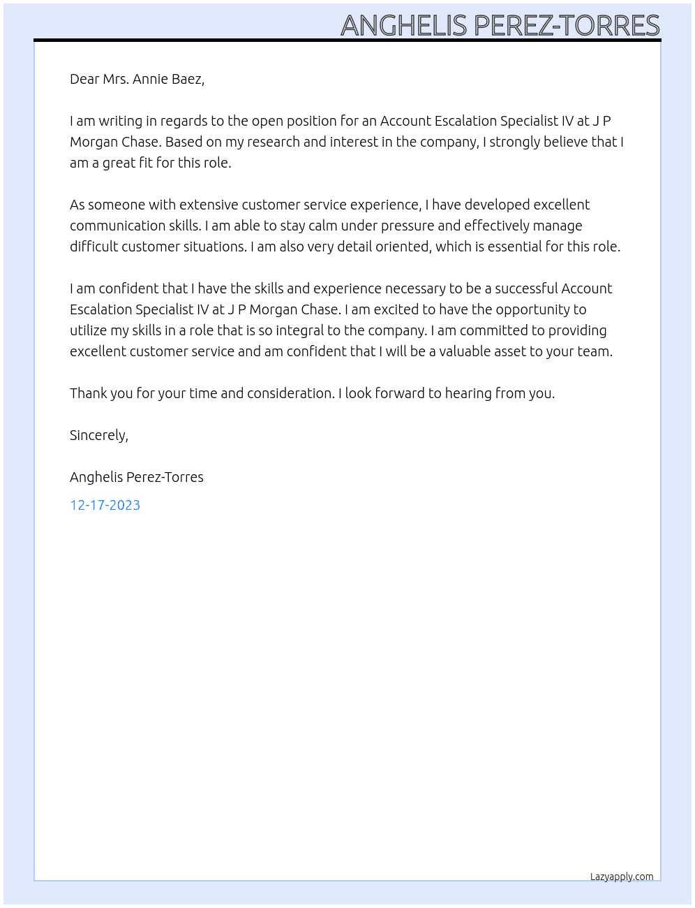 Account Escalation Specialist IV At J P morgan Chase Cover Letter