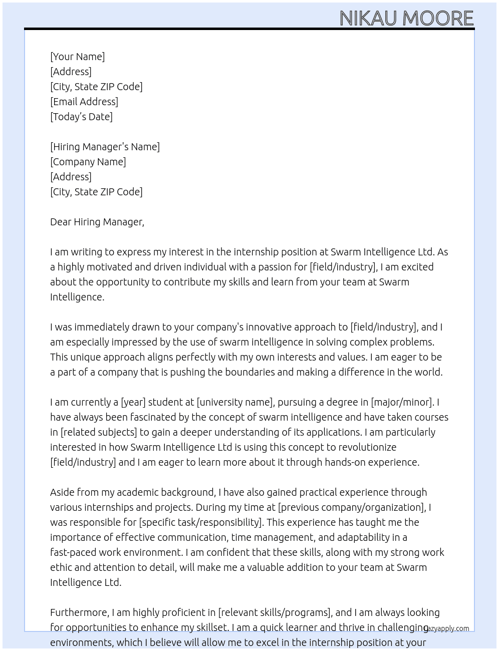 internship At swarm intelligence ltd Cover Letter
