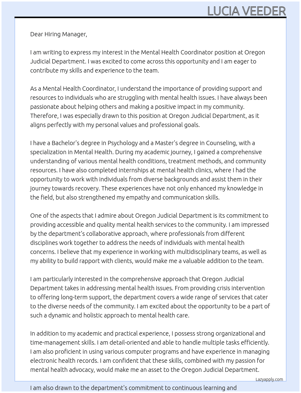 Mental Health Coordinator  At Oregon Judicial Department Cover Letter