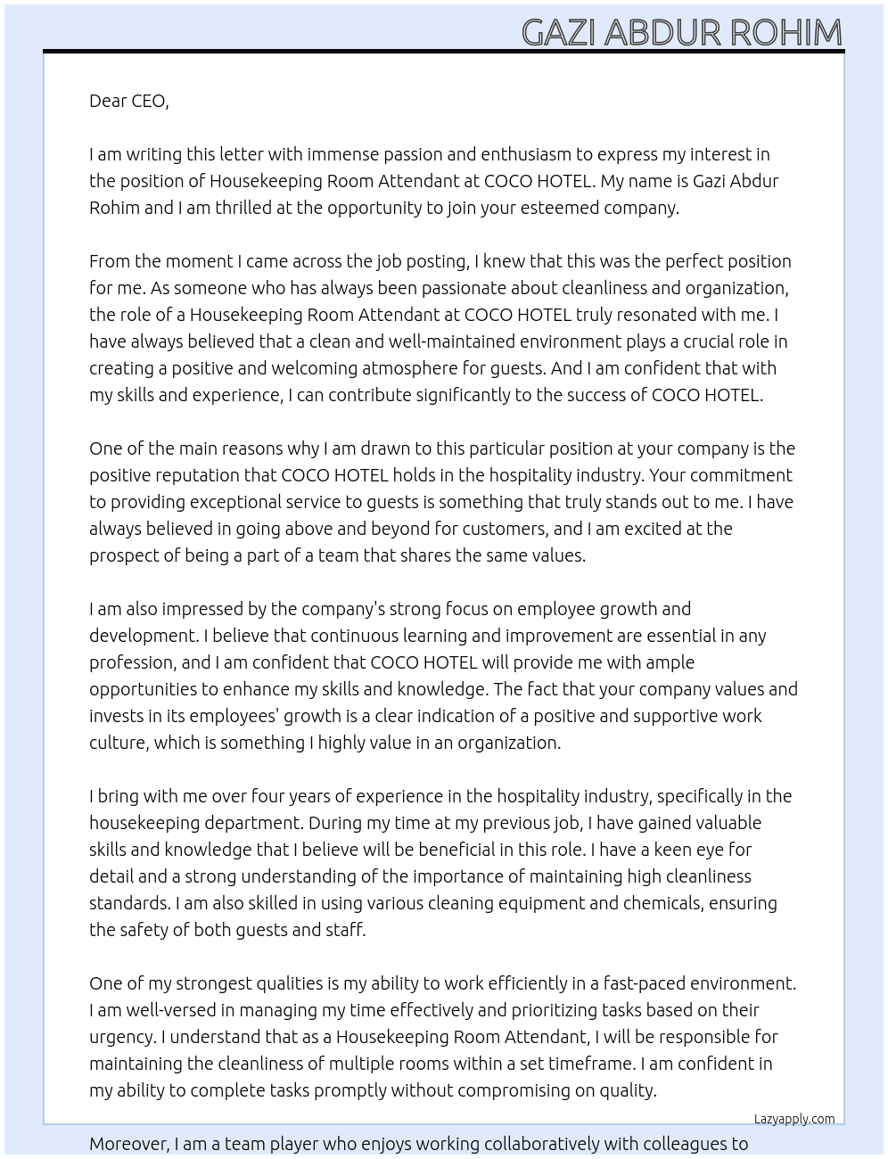 housekeeping room attendant  At COCO HOTEL  Cover Letter