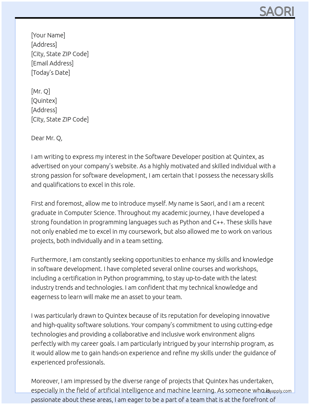 Software developer  At Quintex Cover Letter