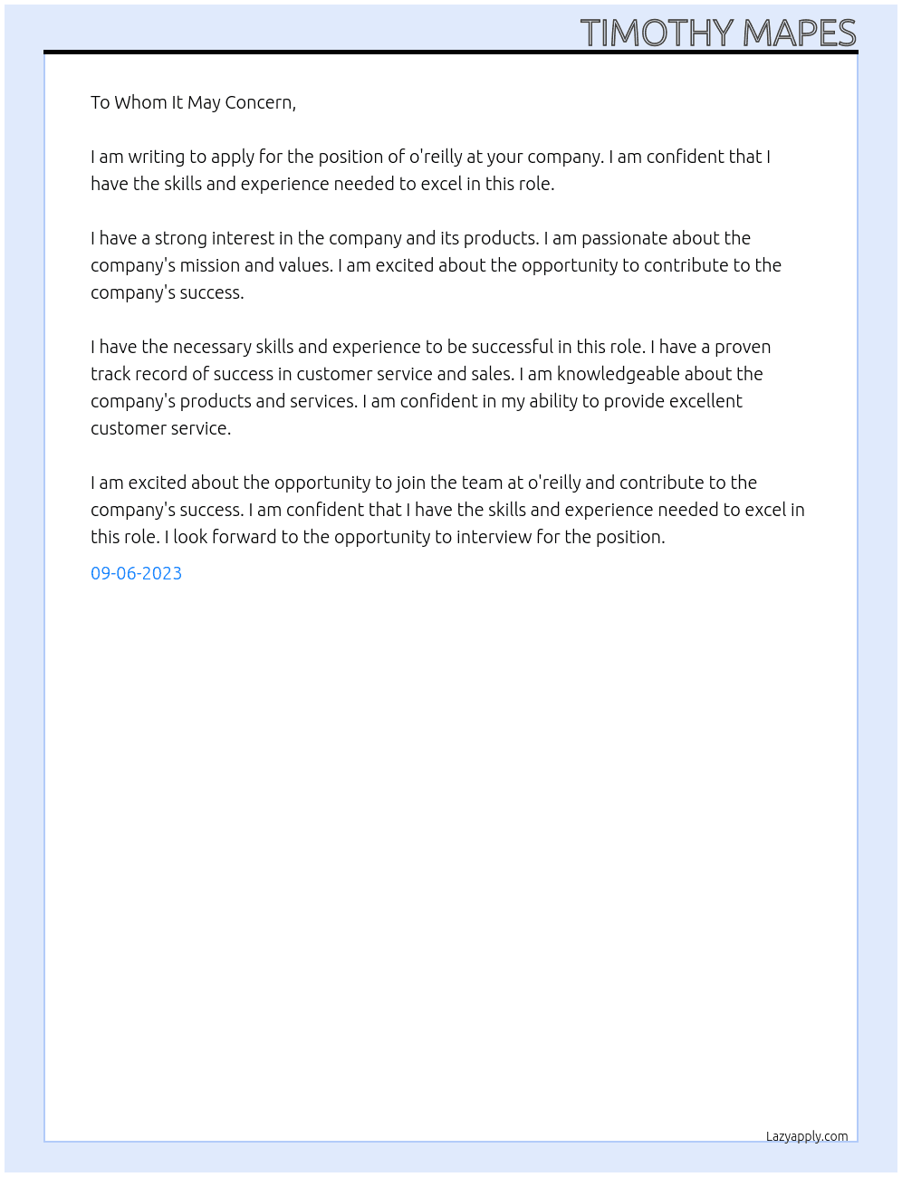application for o'reilys  At o'reilly Cover Letter