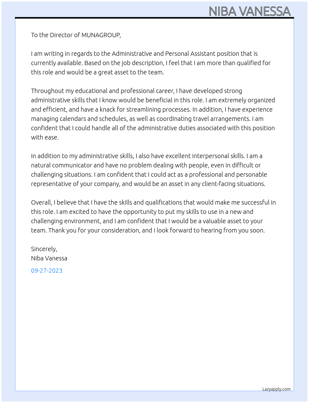 Administrative and personal Assistant  At MUNAGROUP  Cover Letter