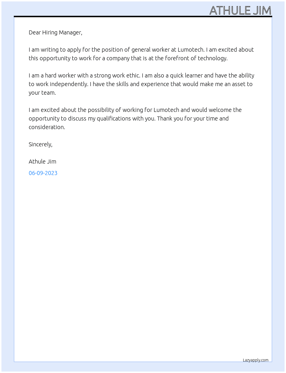 general worker At Lumotech Cover Letter