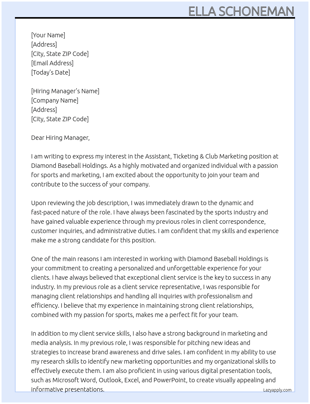 Assistant, Ticketing & Club Marketing At Diamond Baseball Holdings Cover Letter