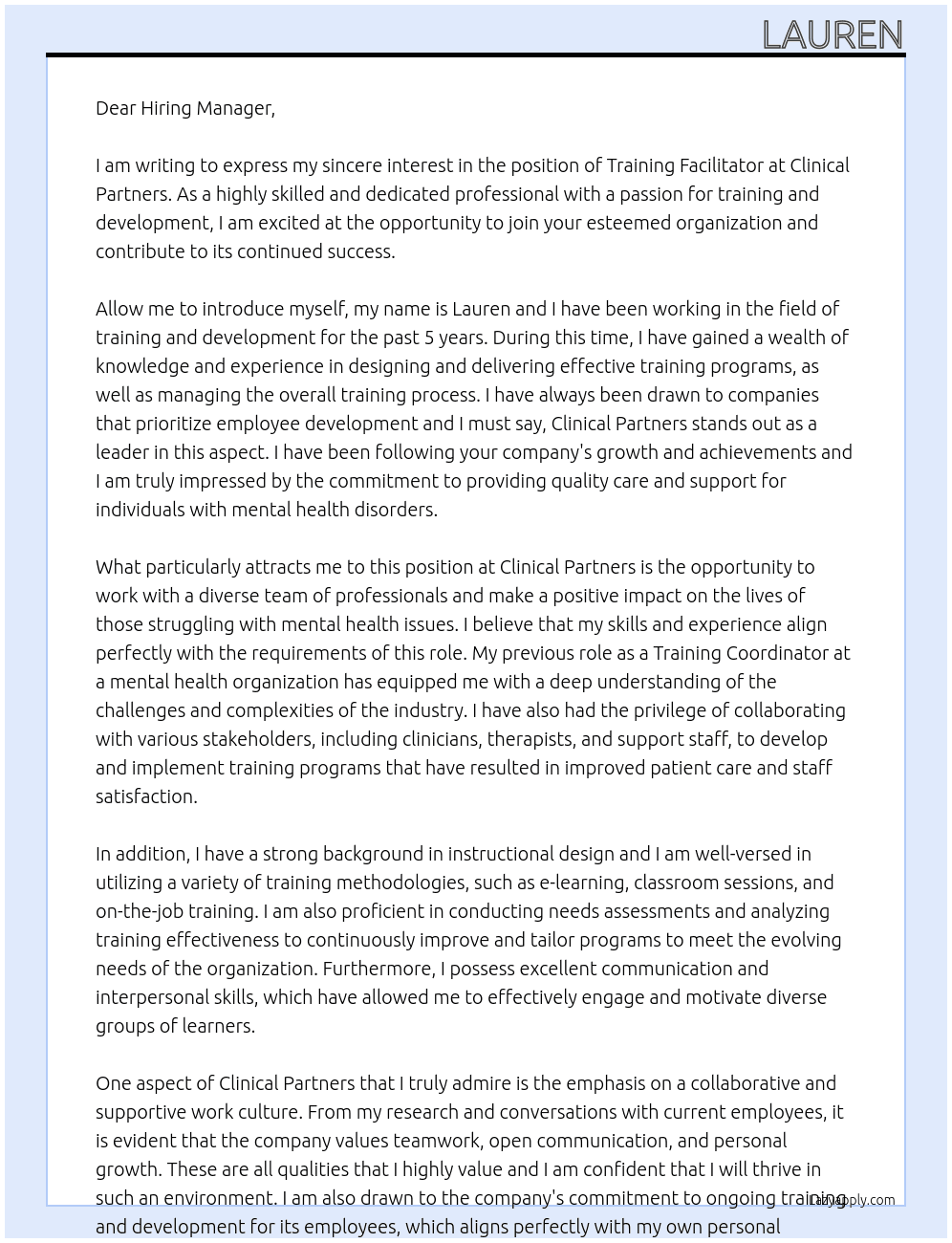 Training Facilitator At Clinical Partners Cover Letter
