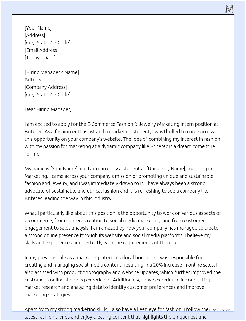 E-Commerce Fashion & Jewelry Marketing Intern At Britetec Cover Letter