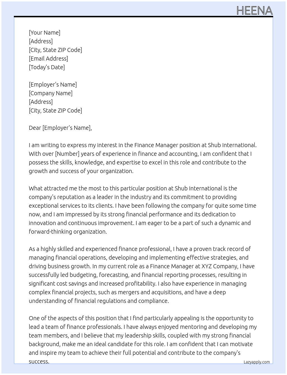 finance manager At Shub International Cover Letter