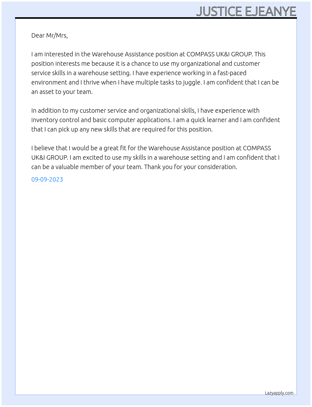 Warehouse Assistance  At COMPASS UK&I GROUP Cover Letter