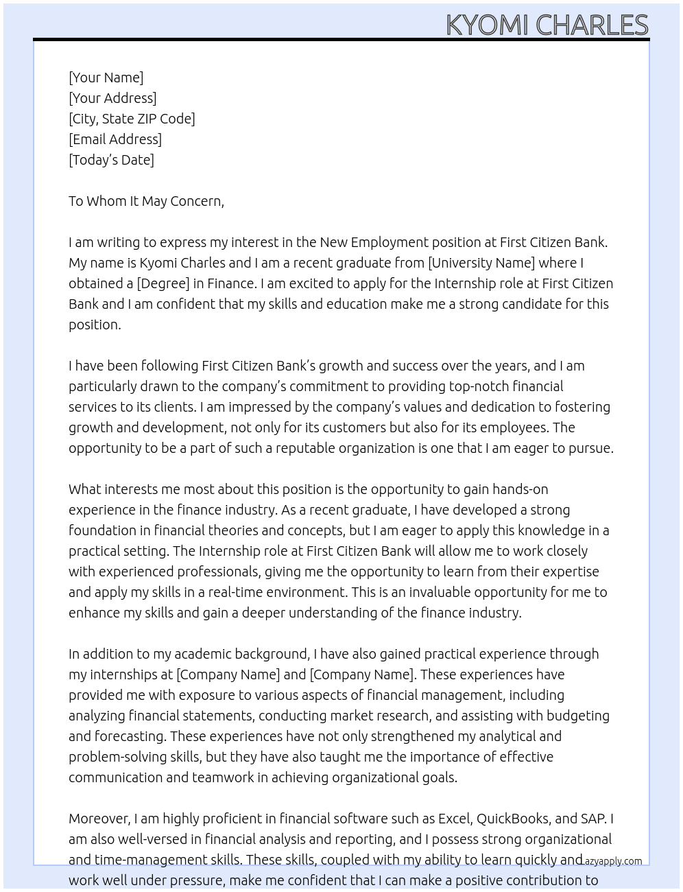New employment  At First citizen bank  Cover Letter