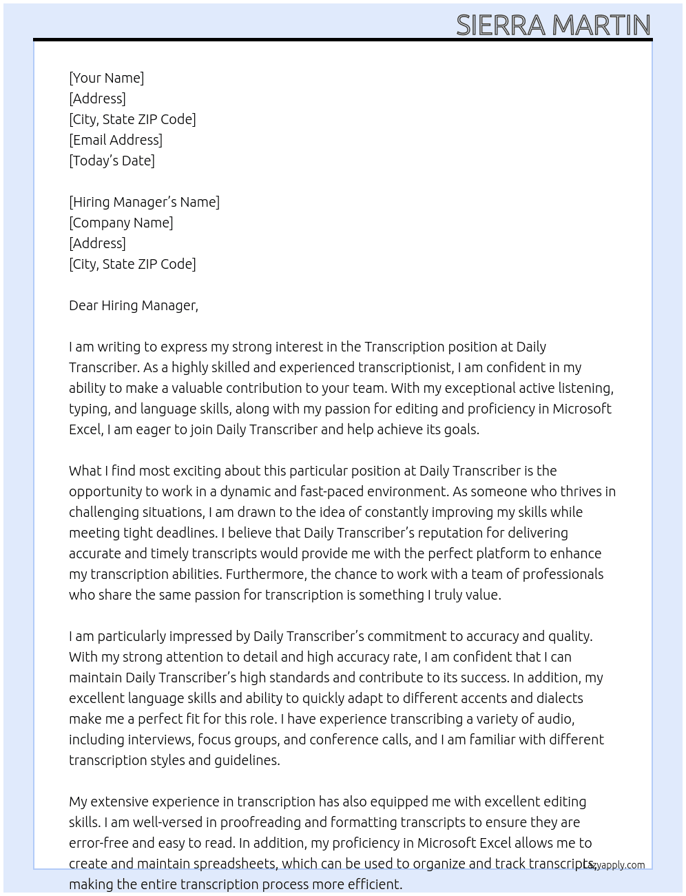 Transcription  At Daily Transcriber Cover Letter