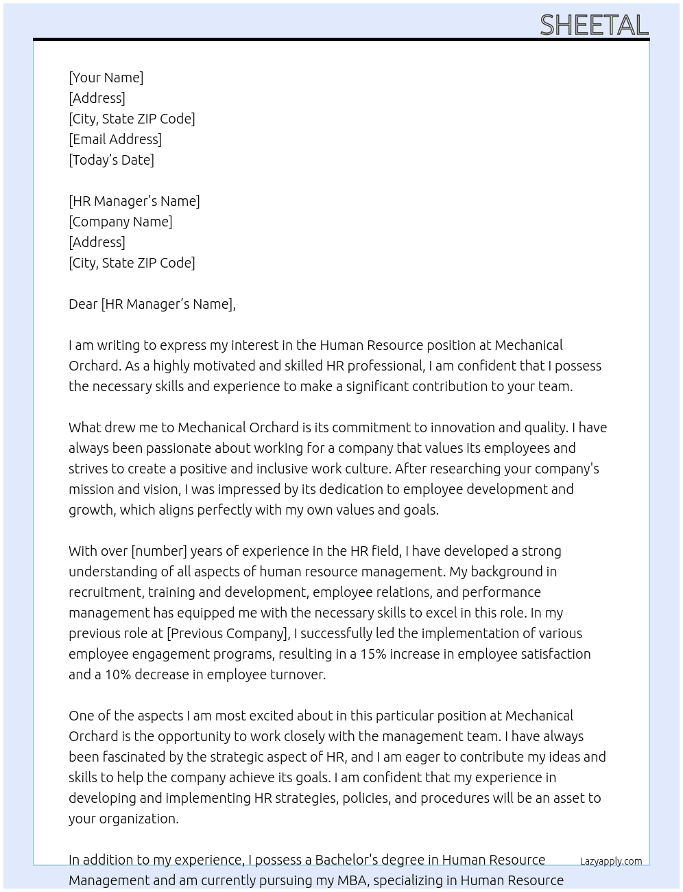 human resource At Mechanical Orchard Cover Letter