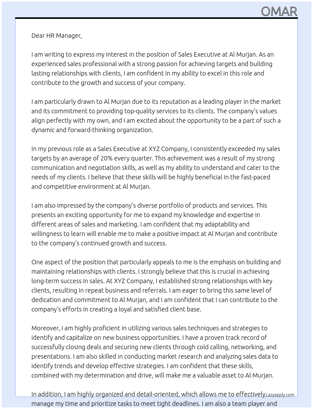 sales executive At al murjan Cover Letter