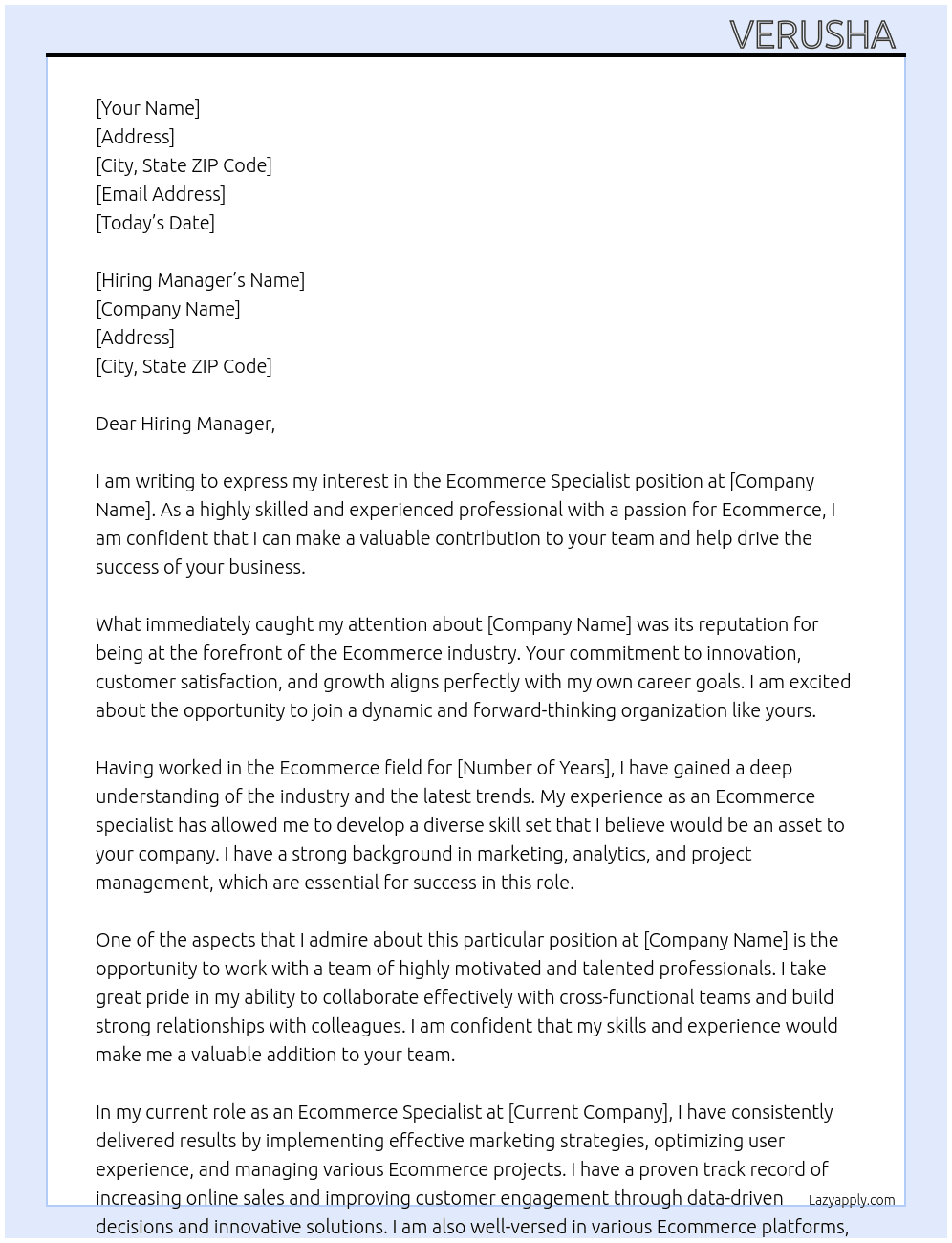 Ecommerce specialist  At Unknown  Cover Letter