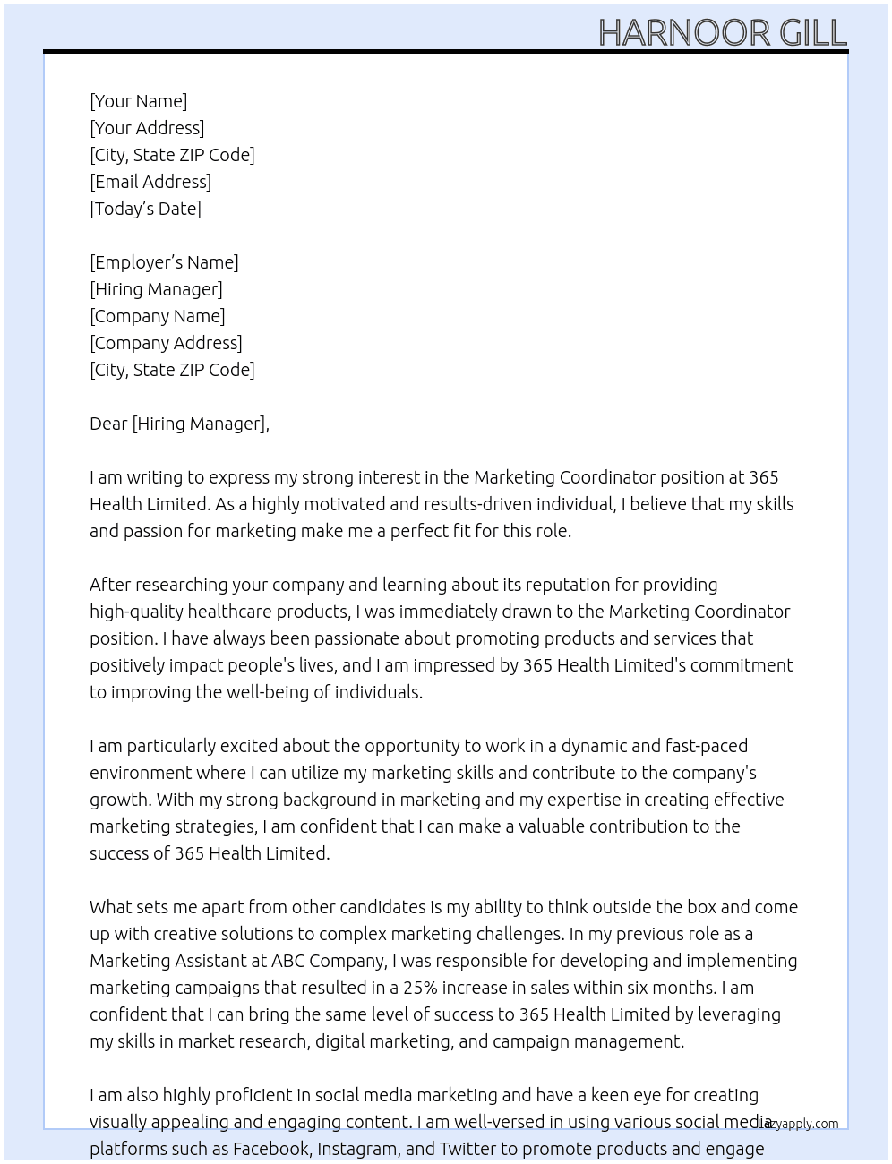 Marketing Coordinator At 365 Health Limited Cover Letter