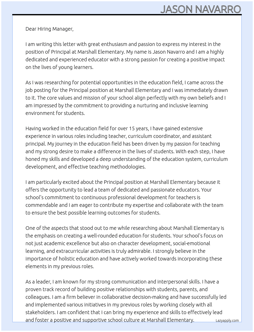 Principal At Marshall Elementary Cover Letter