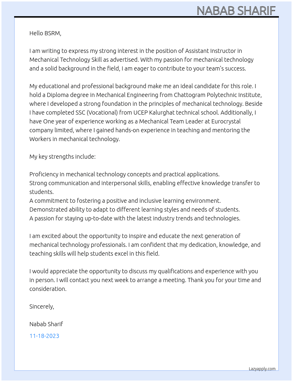 Assistant Engineer  At BSRM Cover Letter
