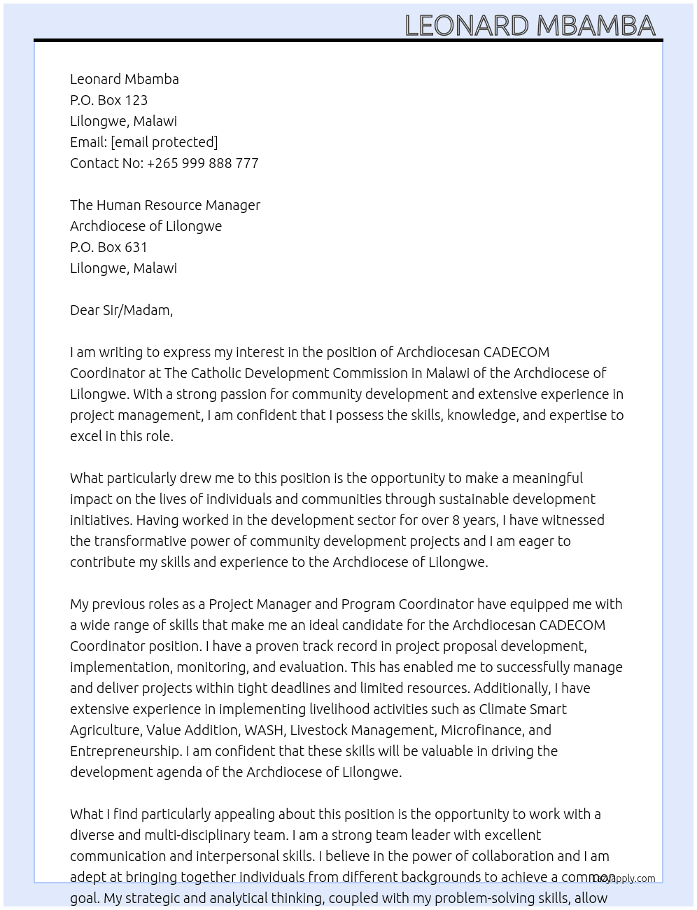 Archdiocesan CADECOM Coordinator At The Catholic Development Commission in Malawi of the Archdiocese of Lilongwe Cover Letter