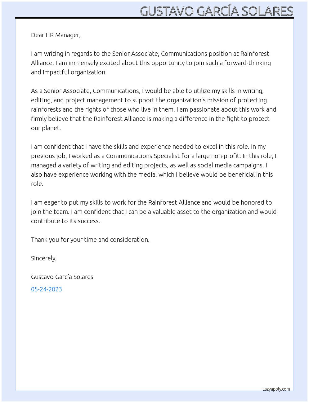 Senior Associate, Communications At Rainforest Alliance Cover Letter