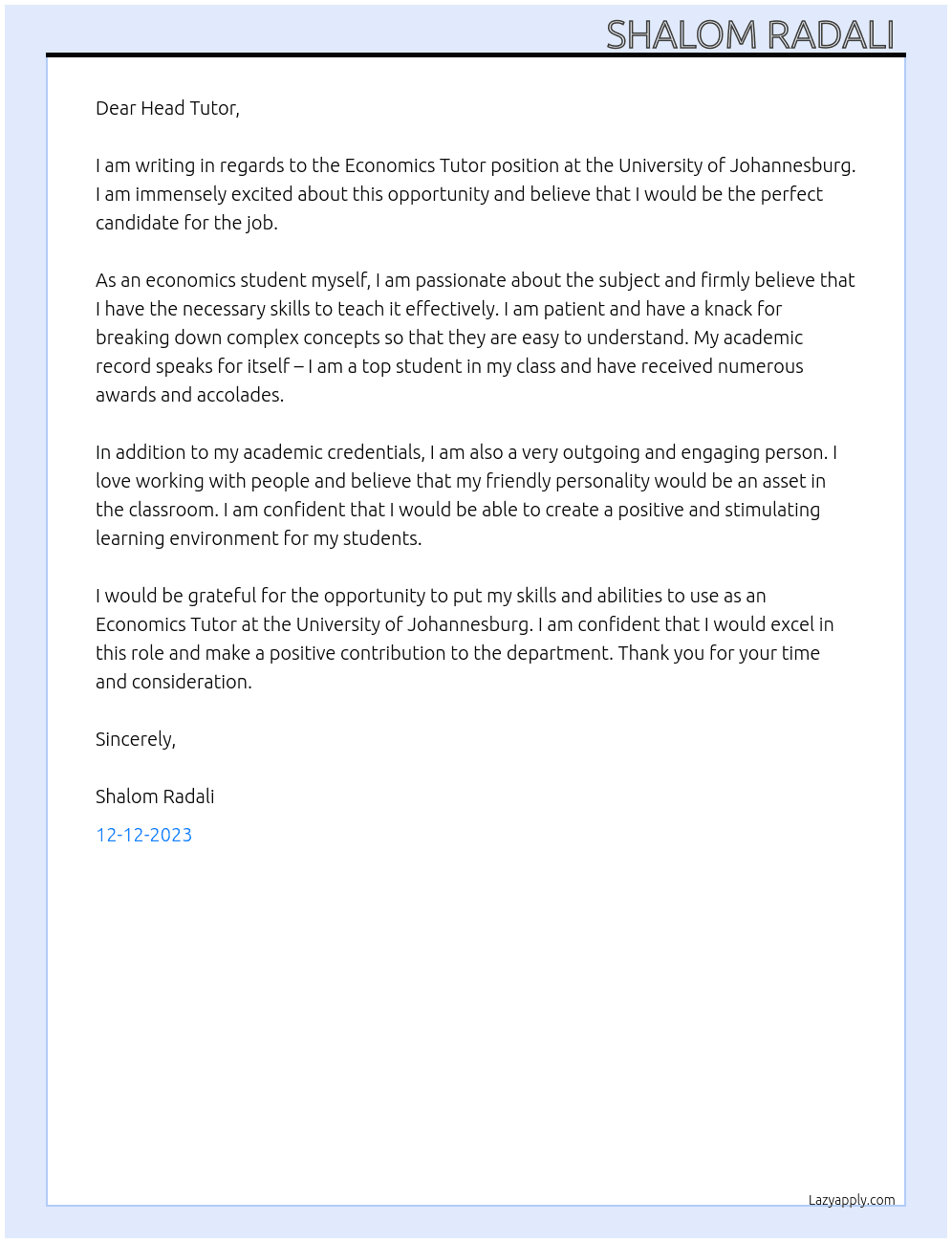 Economics Tutor  At University of Johannesburg  Cover Letter