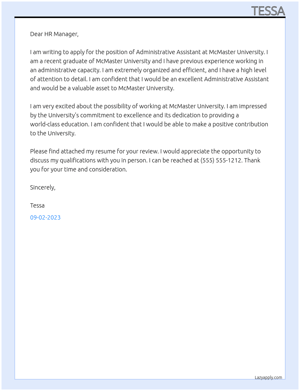 Administrative Assistant At McMaster Cover Letter
