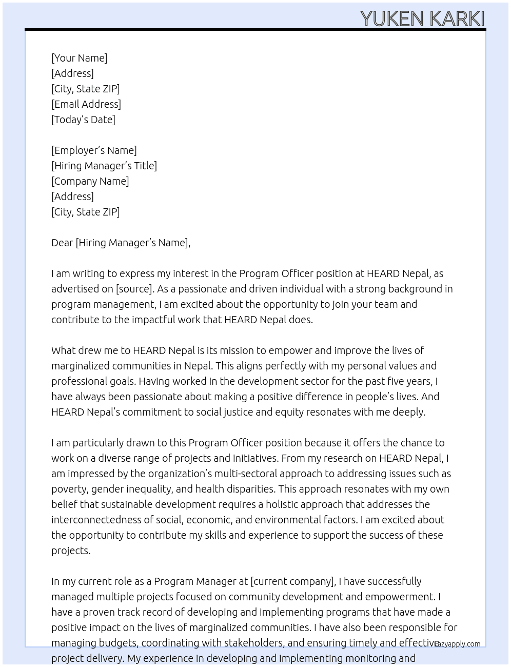 Program Officer At HEARD Nepal Cover Letter