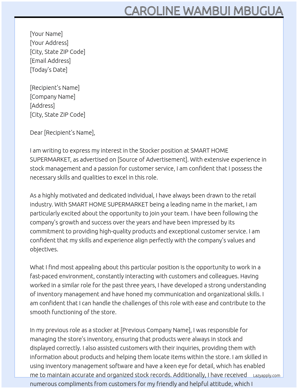 stocker, At CAROLINE WAMBUI MBUGUA Cover Letter