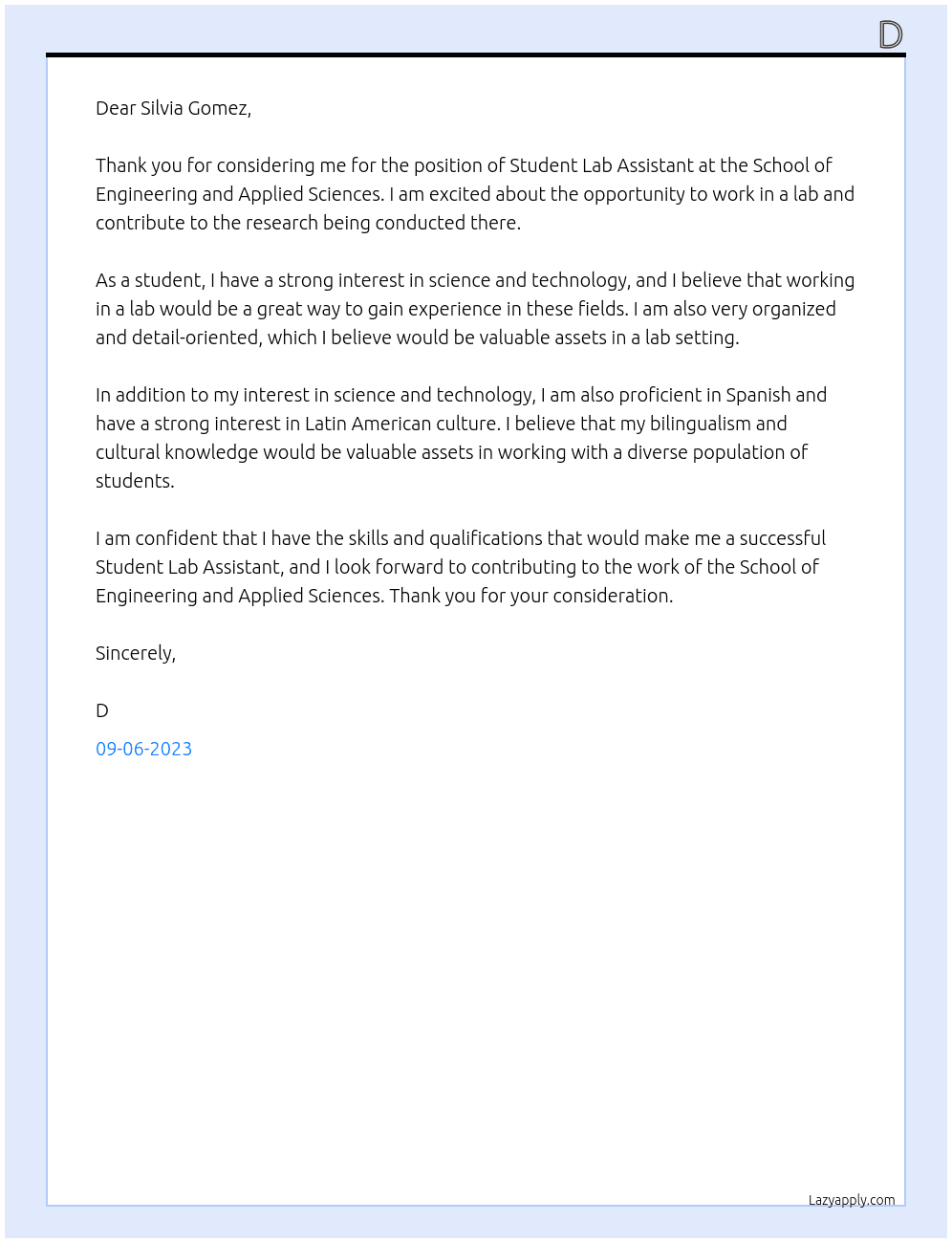 Student Lab Assistant At School of Engineering and Applied Sciences Cover Letter