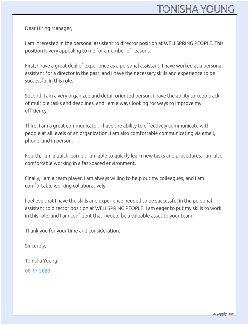 personal assistant to director  At  WELLSPRING PEOPLE Cover Letter