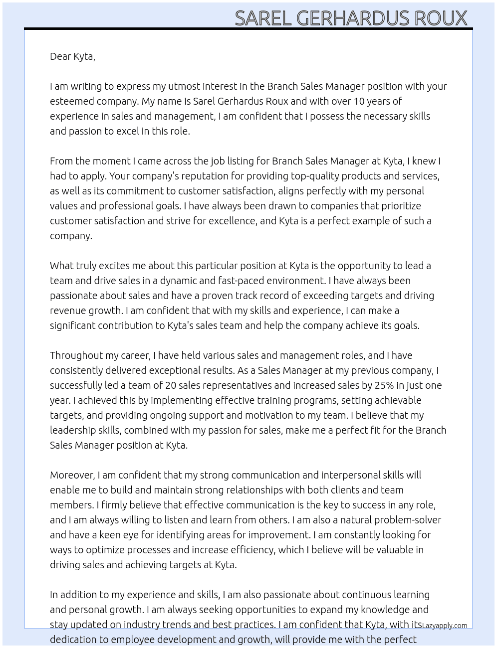 Branch sales manager  At Kyta Cover Letter